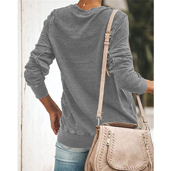 Womens Casual Crewneck Sweatshirt Long Sleeve Solid Color Light Weight - Picture 2 of 2